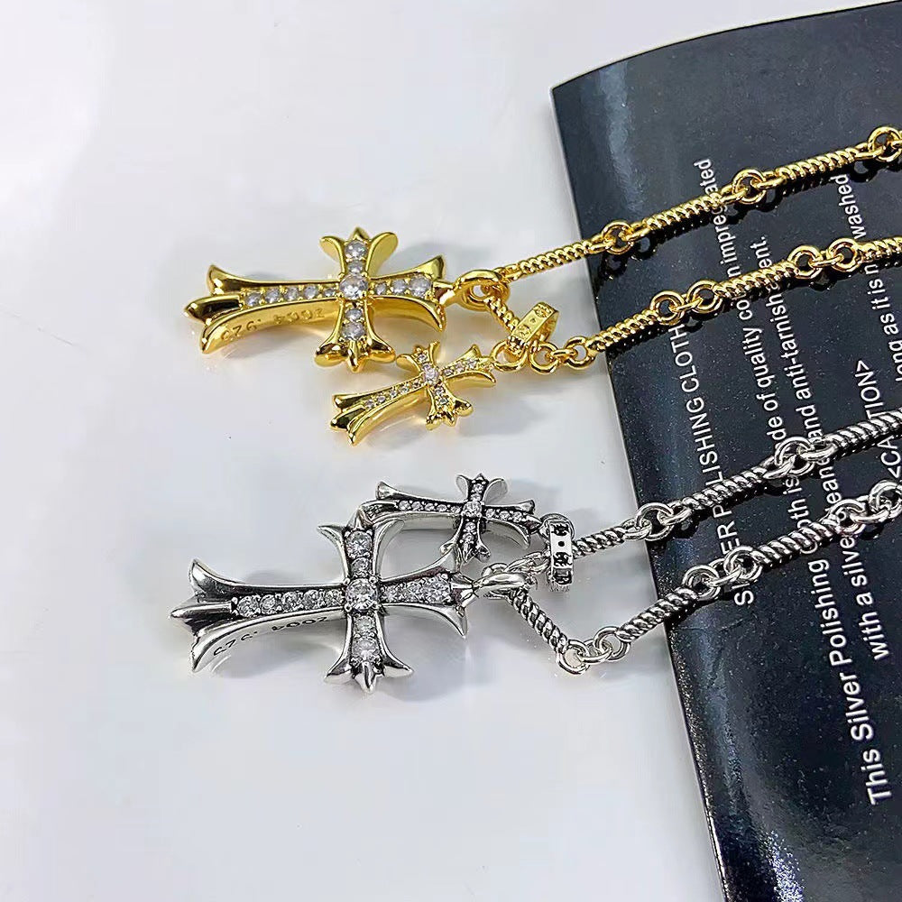 Chrome Hearts necklace, 14K gold diamond double cross pendant